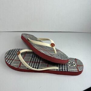 Tory Burch Monogram Flip Flops (SIZE 10-11) thong sandals Red/White/Blue Plaid